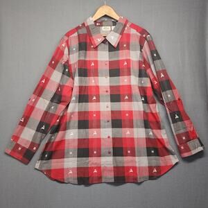 Women Christmas Holiday Shirt 2XL Plaid Long Sleeve Roll Tab Button Up Reindeer